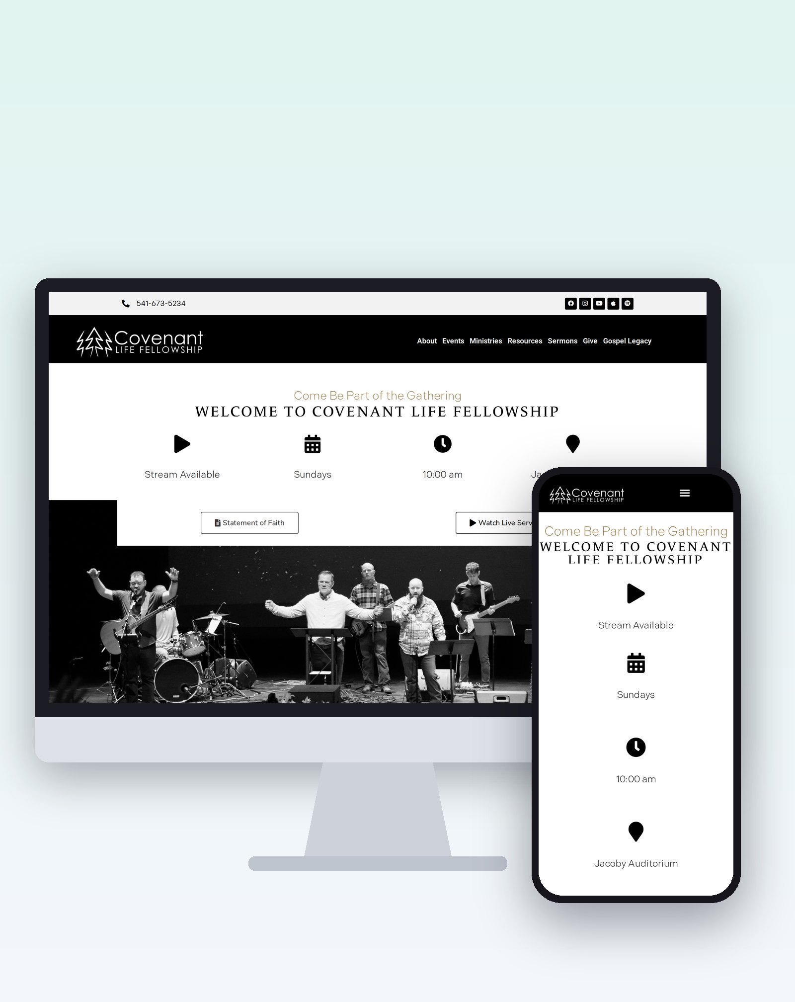Current Covenant Life Fellowship website (clfroseburg.com) on desktop and phone